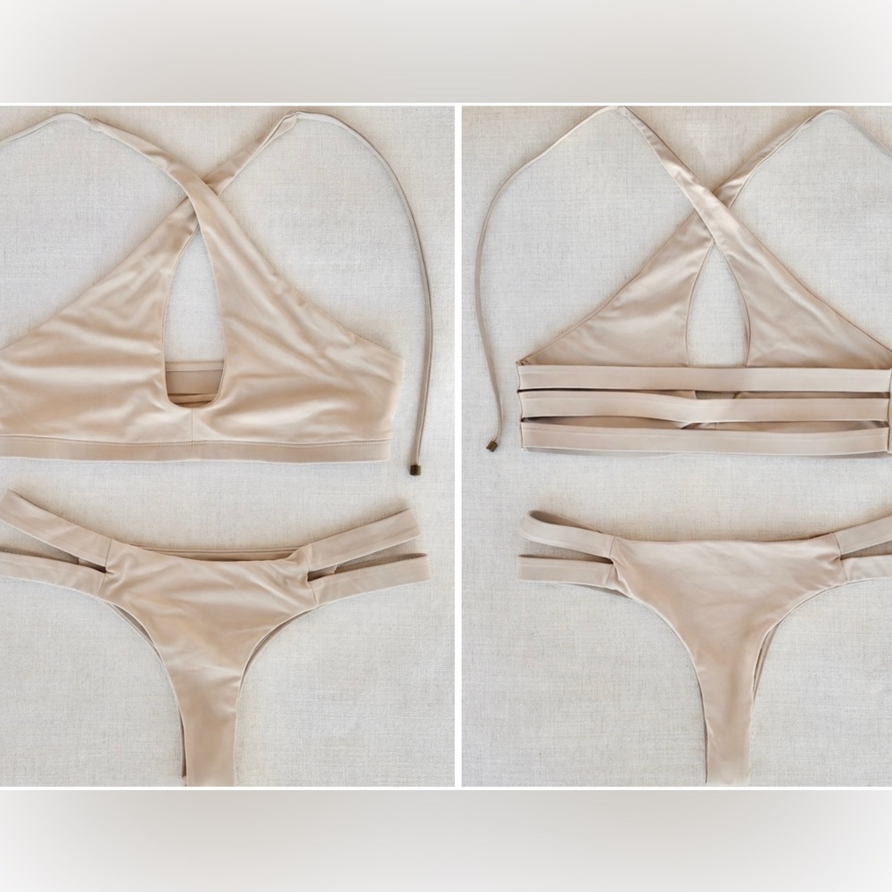 Gray/Nude Cross Front Halter Bikini Set Strappy Thong Minimal Swim Indah Style